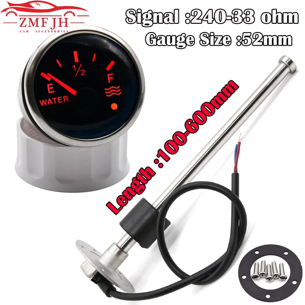 52mm Stainless Steel Boat Water Level Gauge with Sensor Car Water Tank Level Gauge Indicator for Auto Truck Marine Meter 9-32V