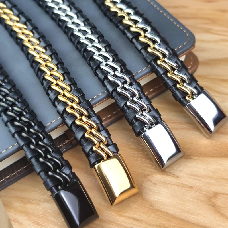 Bracelet à chaîne en cuir véritable pour homme, fermoir magnétique en acier inoxydable plaqué or, bijoux exclusif, cadeau, vente en gros