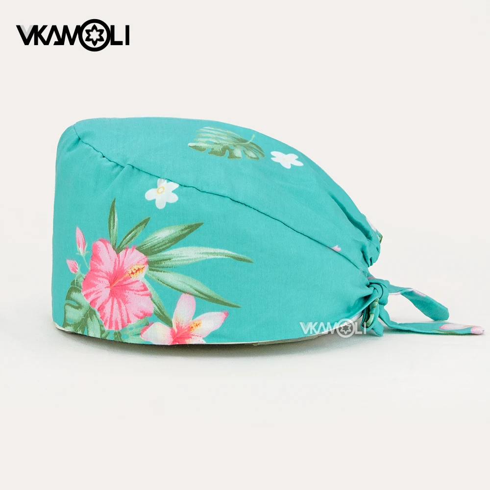 Scrub Hats Flower Printed Cotton Washable Head Caps Breathable Face Cover Workwear Anti-dust Hats