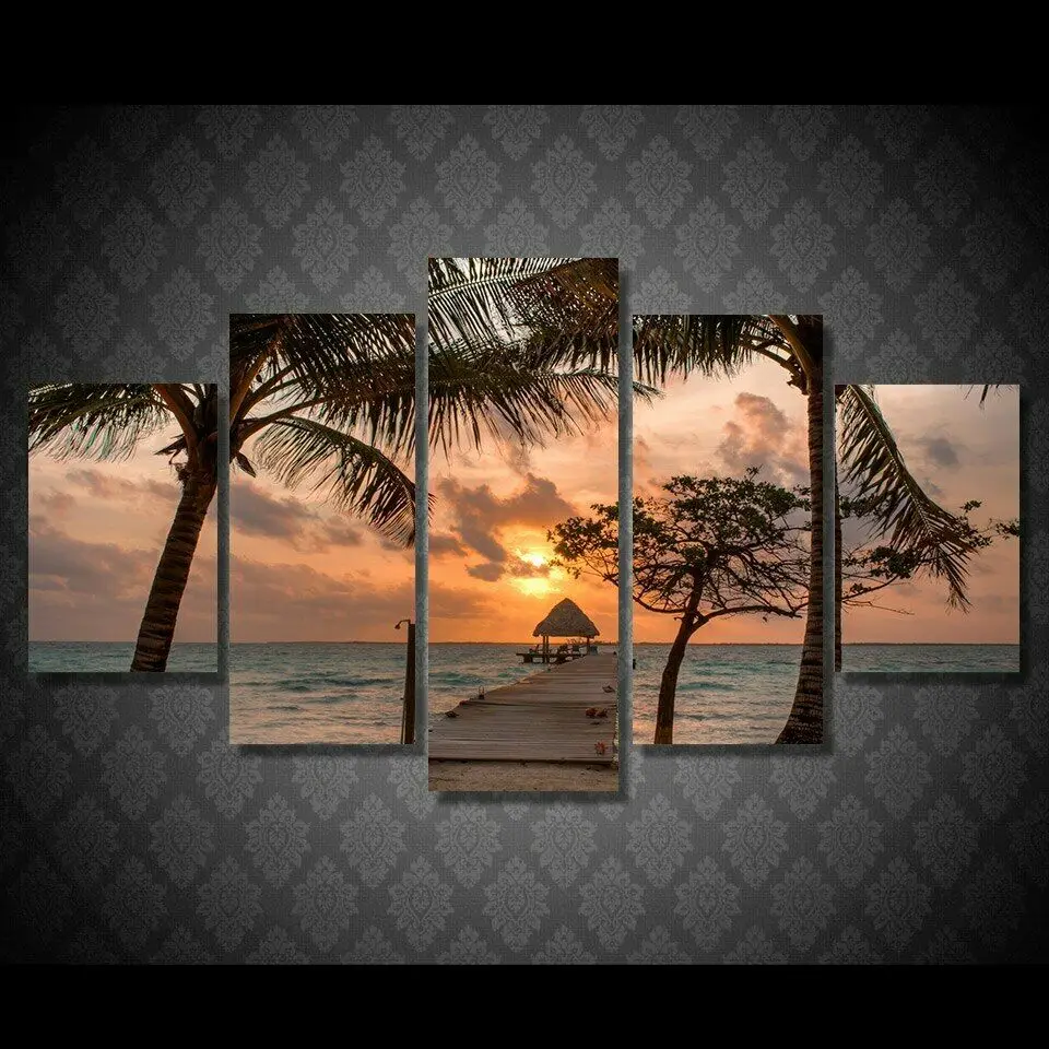 

5 Pcs Sunset Dock Resort Holiday Canvas Pictures Print Wall Art Canvas Paintings Wall Decorations for Living Room Unframe