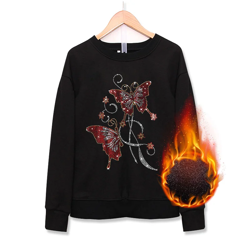 Winter Fashion Keep warm Loose Sweatshirts female Fleece thickening Creativity butterflies Hot diamonds women tops pullovers