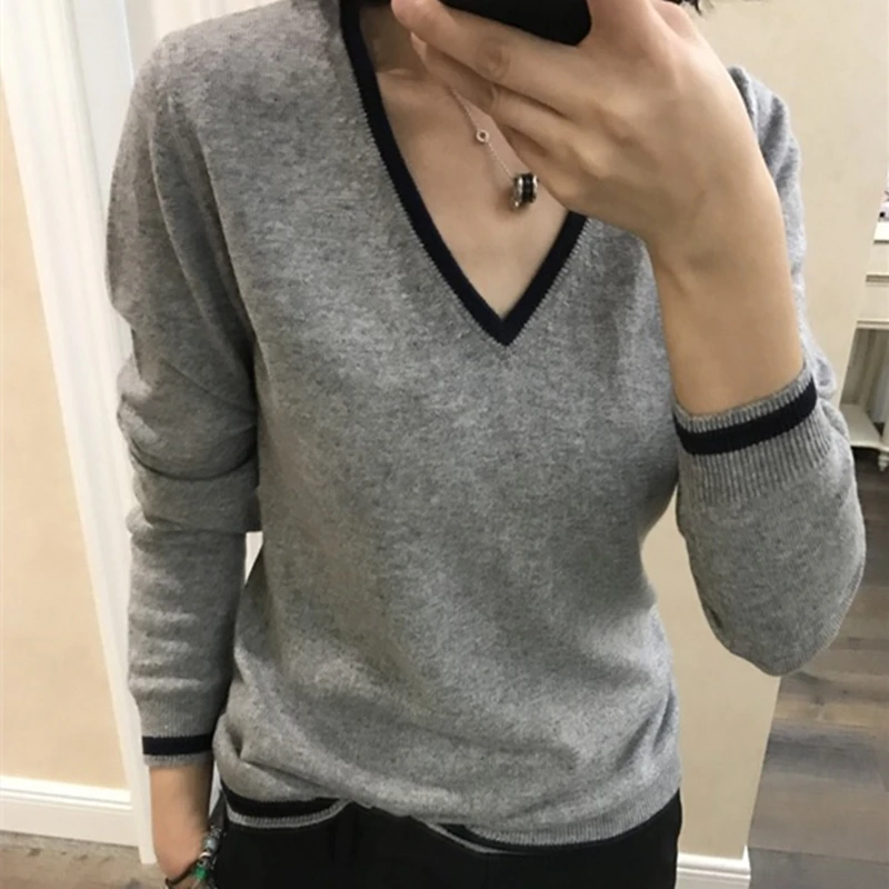 autumn and winter cashmere sweater female V-neck pullover loose long-sleeved sweater large size knit bottoming shirt