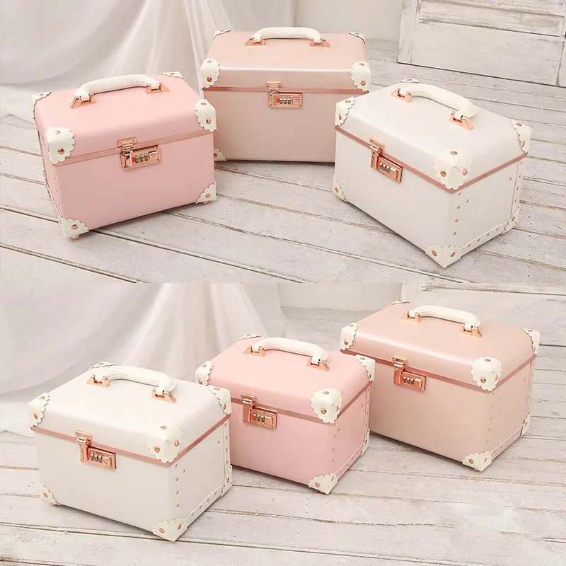 Women\'s Makeup Artist Beauty Vanity Case Storage Organizer Box Password Pink Suitcase Professional Cosmetic Bag Customized