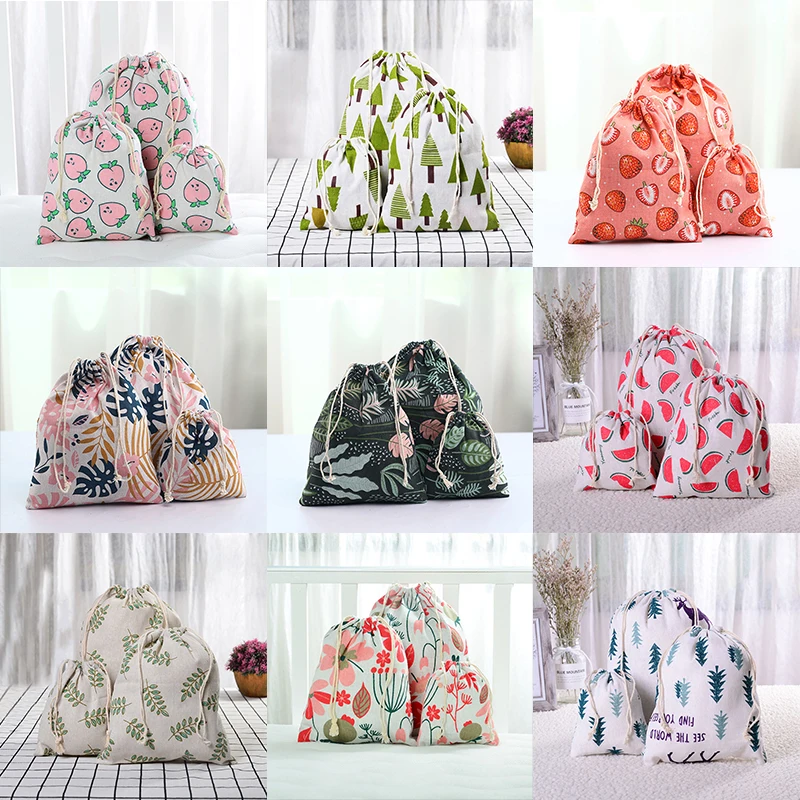 Flower Plants Fruit Drawstring Cotton Linen Storage Bag Gift Candy Jewelry Organizer Makeup Cosmetic Coins Keys Bags 49006