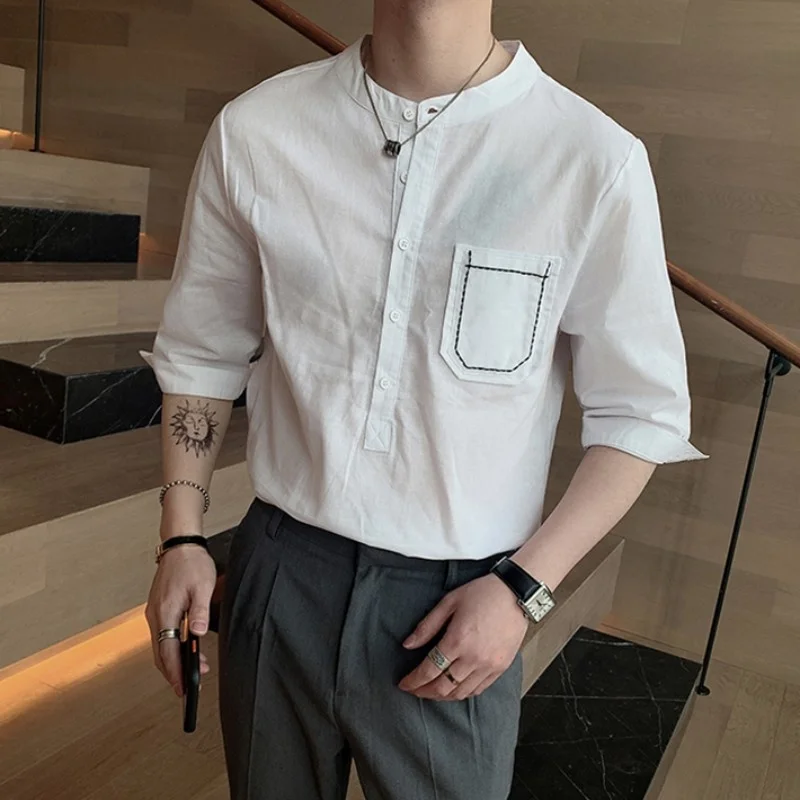 

Sleeve Short Mens Stand Collar Casual Shirt Three Quarter Thin Section Summer Button Tops Classic Solid White Black Mens Shirts