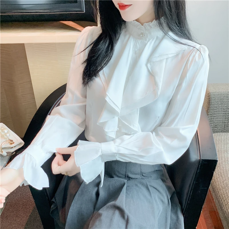 Trumpet Flare Long Sleeves Shirts Women White Blouse Medieval Victorian Royal Court Palace Tops Large Size Flounce Frill Camisa