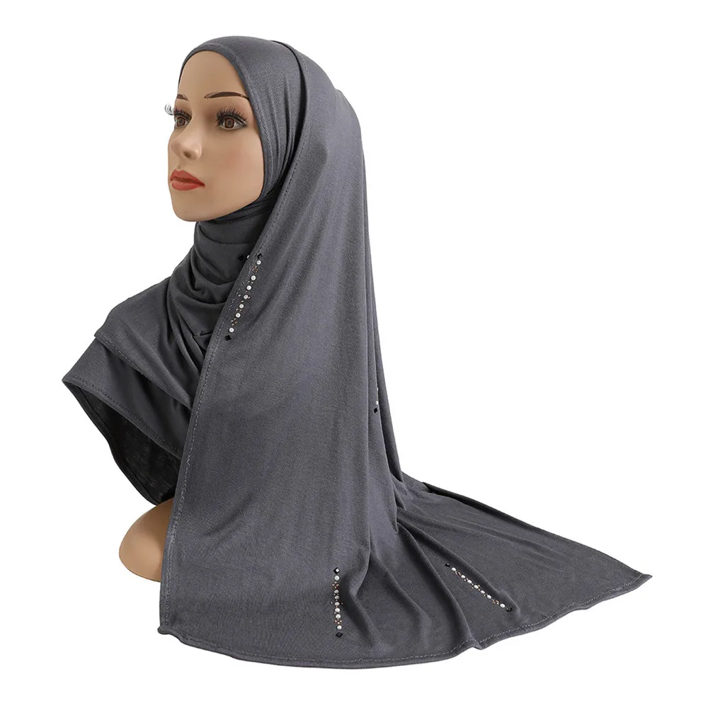 Katun Jersey Wanita Muslim Syal Panjang dengan Rhinestones Modal Jilbab Islami Jilbab Memakai Arab Persegi Panjang Headwrap Wanita Selendang