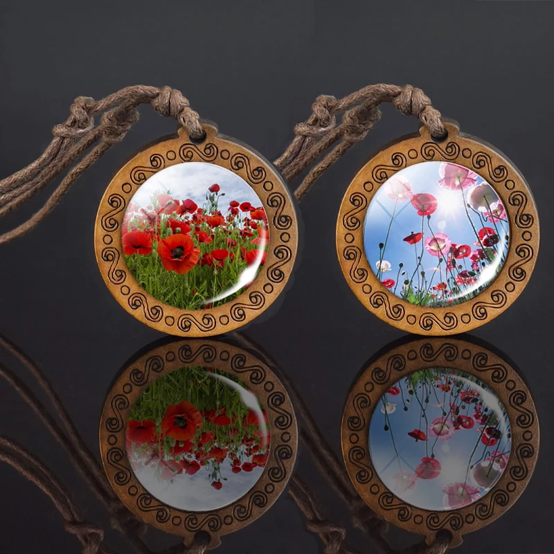 Retro Adjustable Rope Chain Poppy Flower Jewelry Art Painting Glass Cabochon Wooden Necklace Family Women Gift