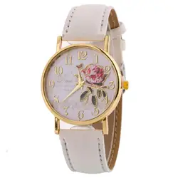 Montre-bracelet à quartz ronde avec fleur rose pour femme, bracelet en similicuir, montres élégantes avec numéro arabe, cadeau de Noël