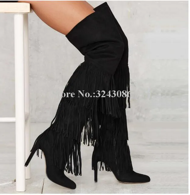 Lady Sexy Tassels Long Boots Fashion Pointed Toe Stiletto Heel Over the Knee Boots Women Large Size Banquet Shoes Dropship