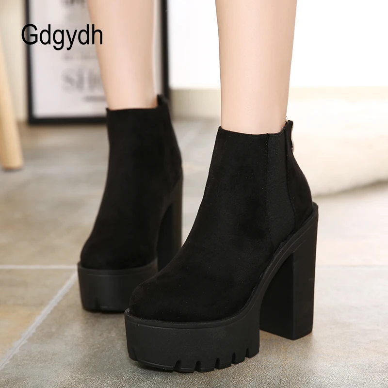 Gdgydh – Bottines noires pour femme à talons épais, chaussures à plateforme et à talons hauts avec fermeture éclair, tendance printemps-automne