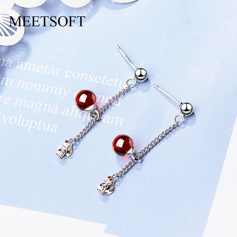 

MEETSOFT 925 Sterling Silver Prevent Allergy Drop Earrings for Women Trendy Design Small Strawberry Quartz Jewelry Gift