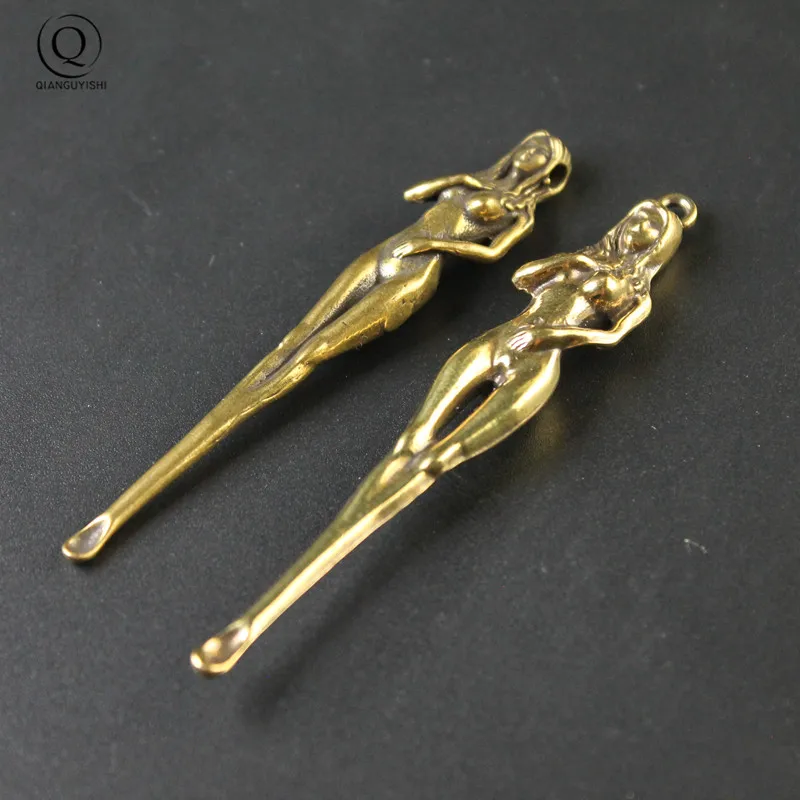 Creative Brass Beauty Women Keychain Pendants Pure Copper Handmade Goddess Ear Pick Tool Gift Men Car Key Chain Keyring Hangings