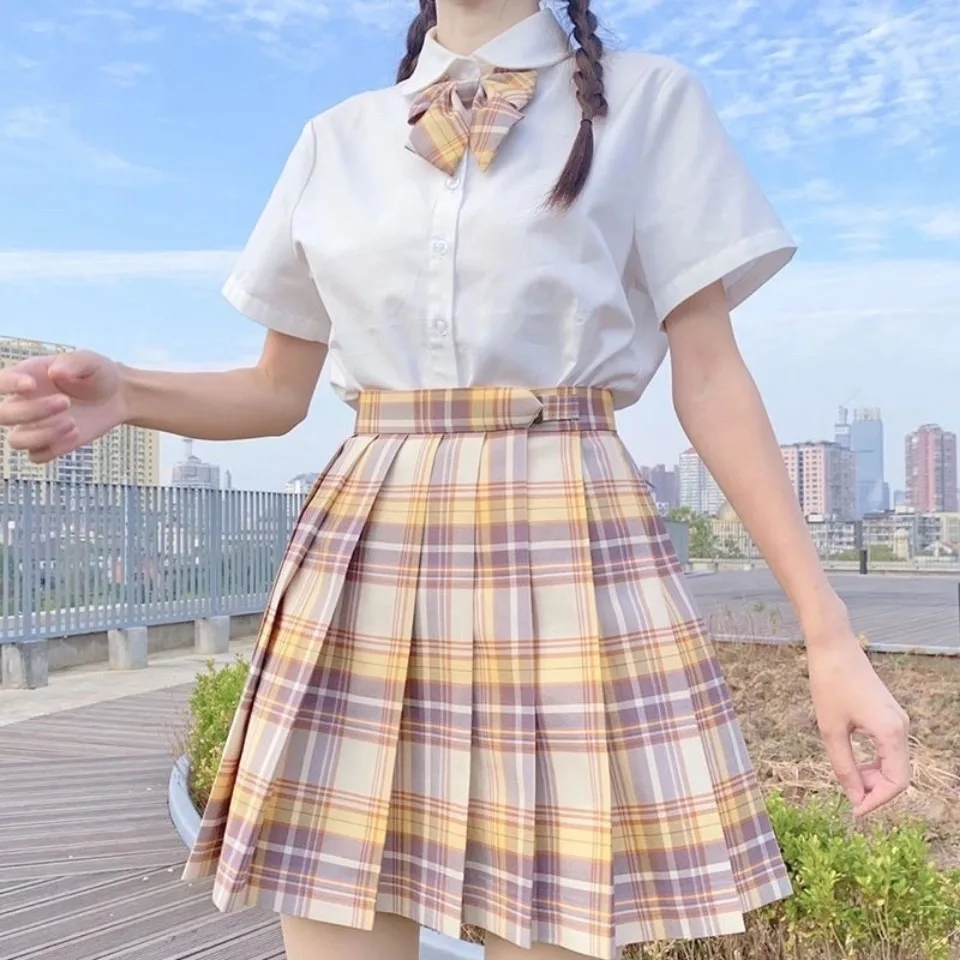 Jupe plissée taille haute pour écolières japonaises, uniforme scolaire de Cosplay de dessin animé Jk, jupe plissée à treillis jaune