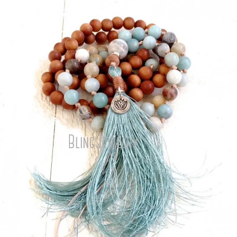 MN21277 Mala Beads Sandalwood Knotted Necklace Lotus Charm 108   Silk Tassel Amazonite Meditation  