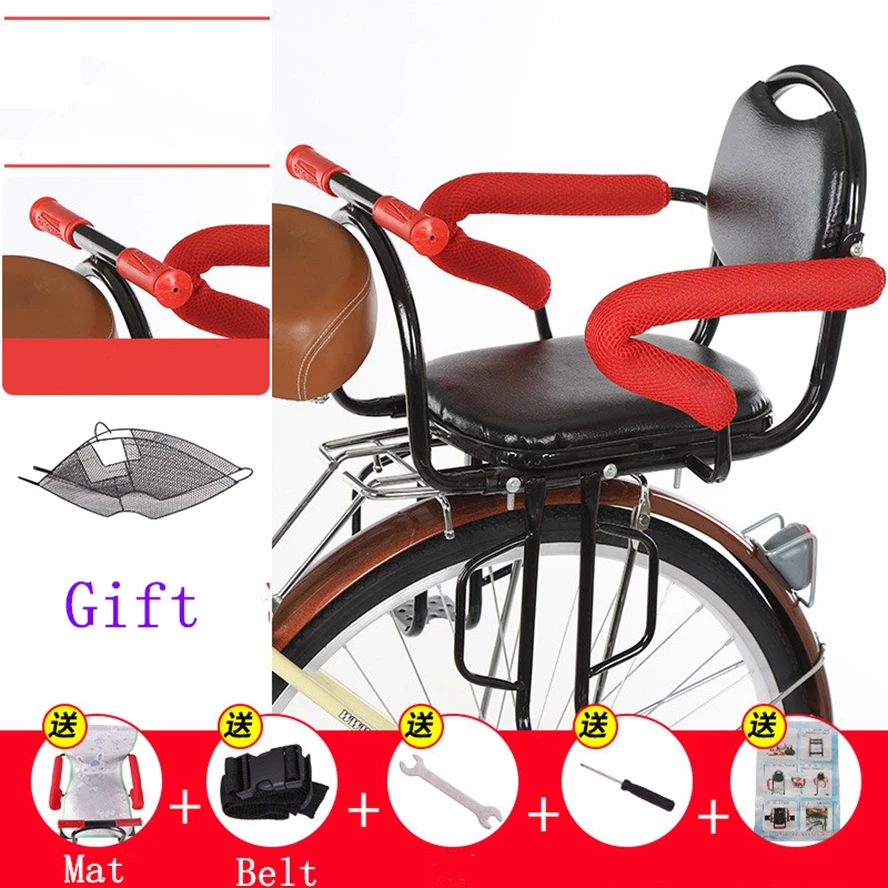 Child Bicycle Seat Bike Safety Seat Baby Bike Safety Seat Kids Saddle With Foot Pedals Back Rest Cushioned Cycling Seat