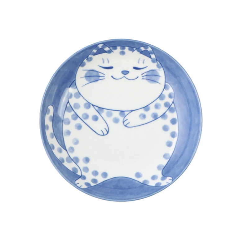 Cute Cat Ceramic Plate, Japanese Style Dinner Plates, Blue and White Porcelain Bowls, Household Creative Dishes