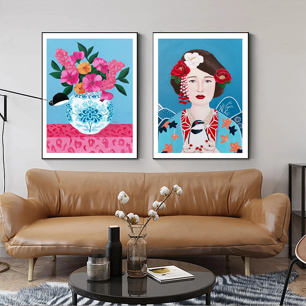 Japanische Frau mit Vogel Leinwand Malerei Wand Kunstdruck Poster abstrakte Vase Bild dekorative Malerei Wohnzimmer Home Decor