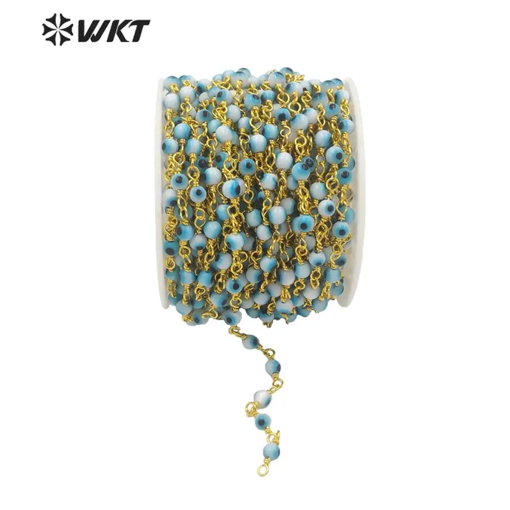 

WT-RBC15 Wholesale Gold And Black Gund Electroplated 4mm Glass Evil Eye Beads Chain For Jewelry Making Round Rosary Accessories