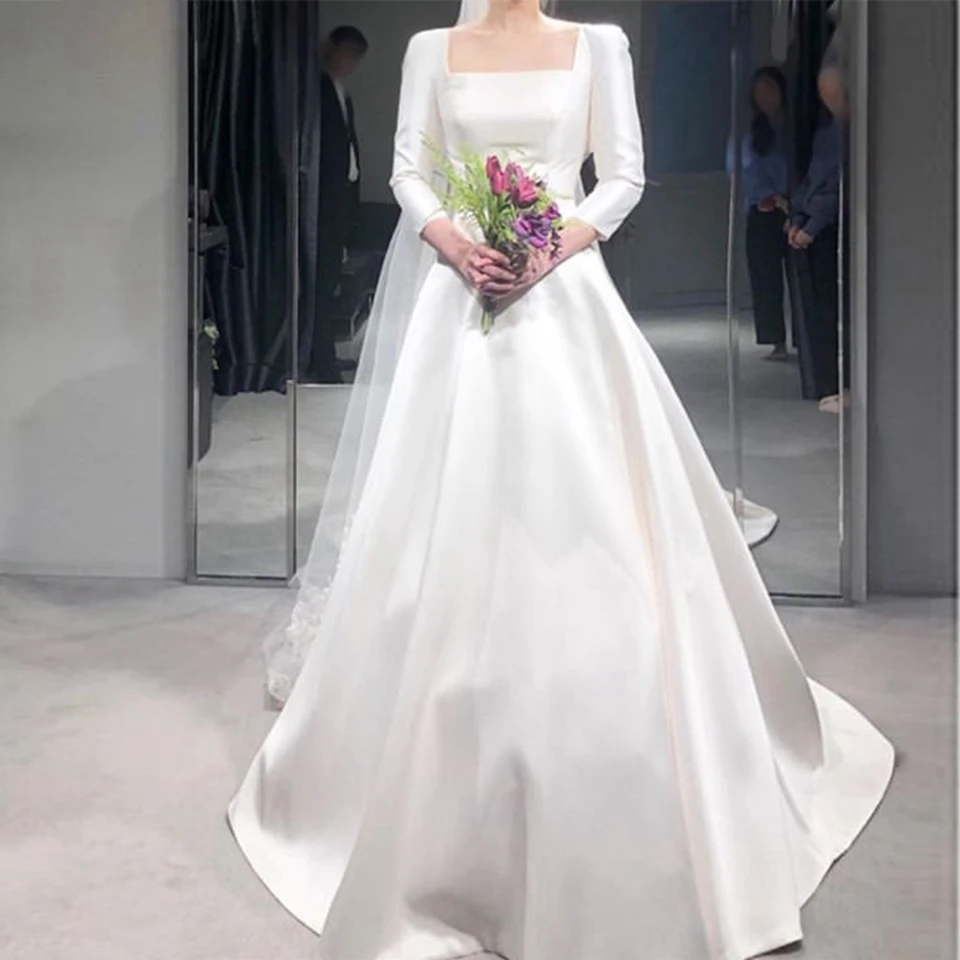 

Satin Wedding Dresses White A-Line Three Quarter Sleeves Bridal Dress Long Square Collar Neck Simple Robe De Mariee customized