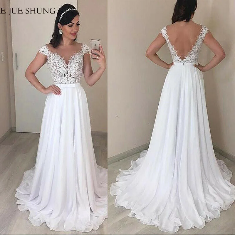 

E JUE SHUNG White Chiffon Lace Backless Boho Wedding Dresses Cap Sleeves Beach Bride Dresses Wedding Gowns