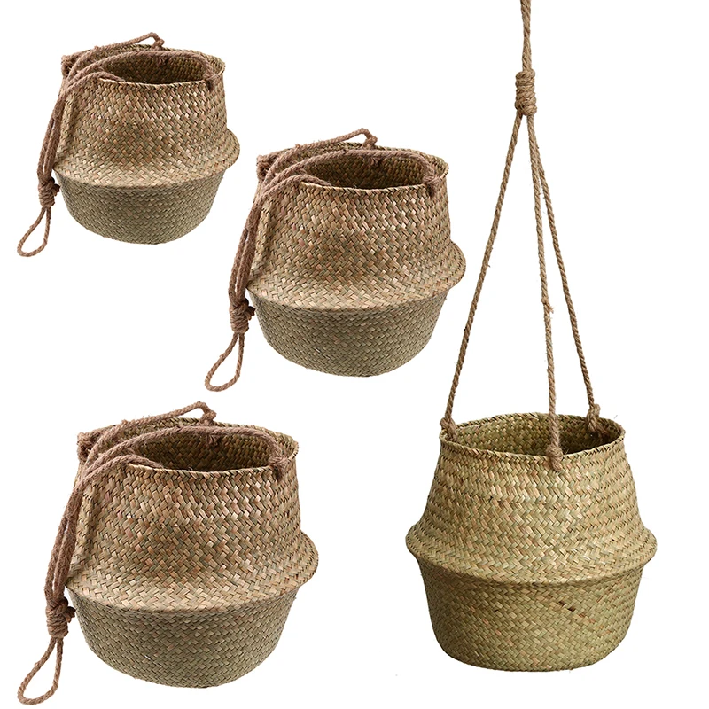 Wicker Storage Baskets with Long Rope, Hanging Basket, Nordic Foldable Rattan Laundry Toy Belly Basket, Home Garden Organization