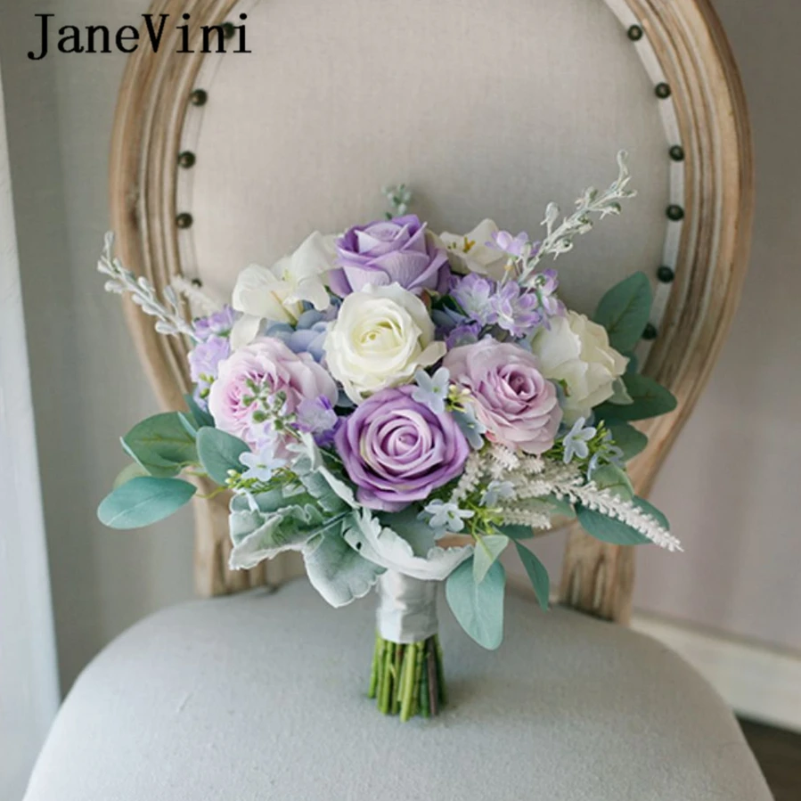 

JaneVini New Romantic Light Purple Wedding Bouquets Artificial Silk Roses Real Touch Korean Bridal Flower Bouquet Buque De Noiva