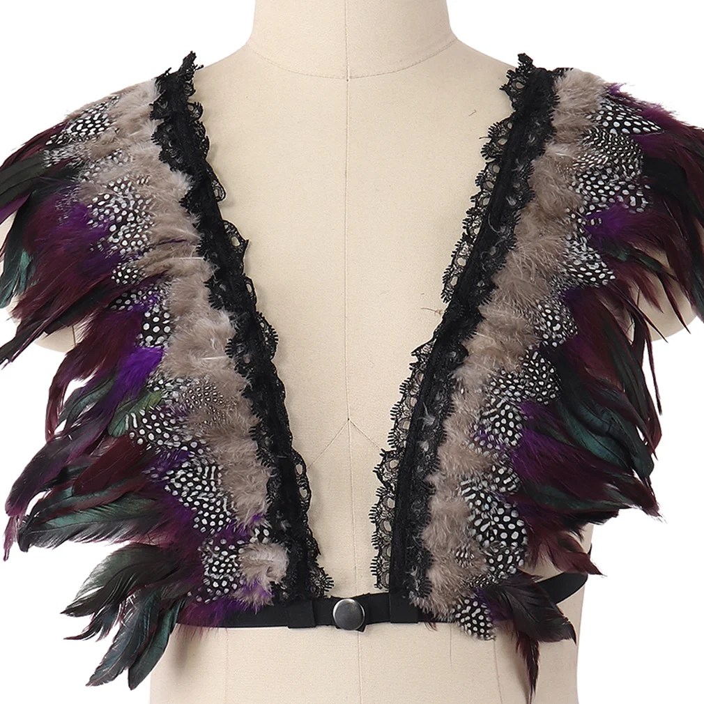 

Epaulette Vest Festival Colored Feathers Harness Costume Burning Man Shoulder Wings Harness Bra Unisex Top Halter Dance Rave