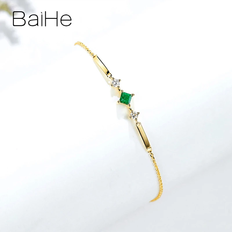 BAIHE Solid 18K Yellow Gold Princess Natural Emerald Diamond Bracelet Fine Jewelry Making 에메랄드 팔찌 pulsera esmeralda エメラルドブレスレット