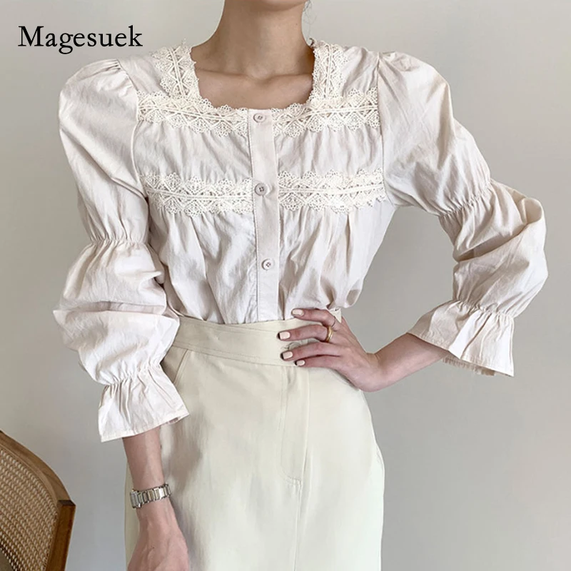 Spring Women Blouse Korea Square Neck Crochet Lace Splicing Puff Sleeve Shirt Ladies Fashion Solid Slim Elegant Top Blusas 13518