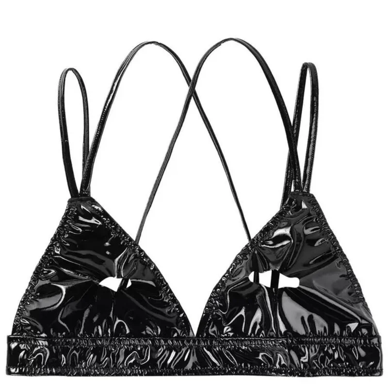 S-XXXL Women Sexy Open Cup Bra Top Wet Look Patent Leather Underwear Halter Neck Hollow Out Breast Wire-free Unlined Lingerie