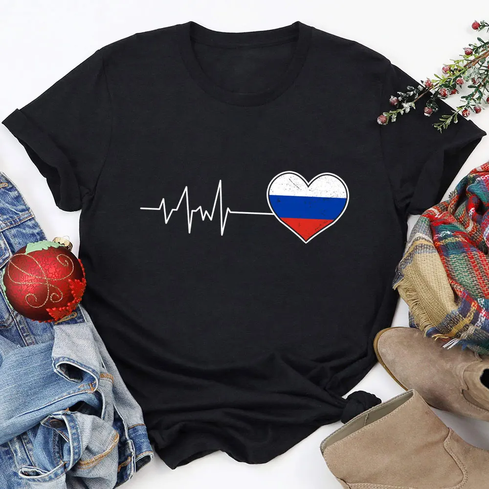 Heartbeat Russia Flag New Arrival 100%Cotton Women T Shirt Women Funny Summer Casual Short Sleeve Top Tee Country Lovers Shirt