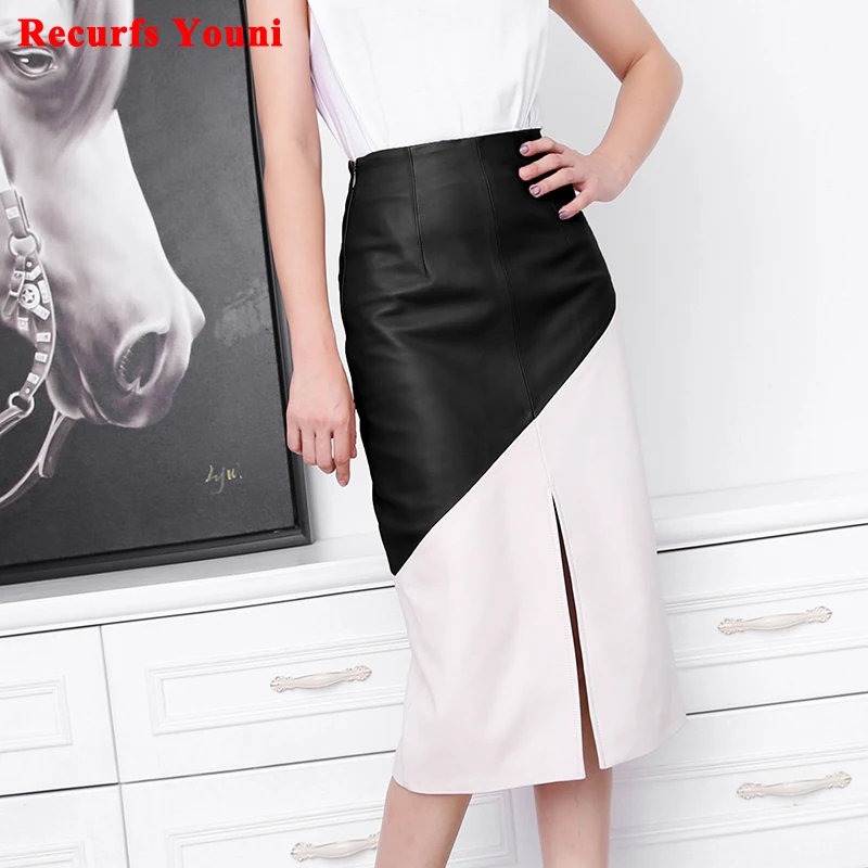 

Fashion Harajuku Female Genuine Leather Skirt Women Diagonal Oblique Color Front Rear Slits Jupe Mujer 70 cm Long Wrap Faldas