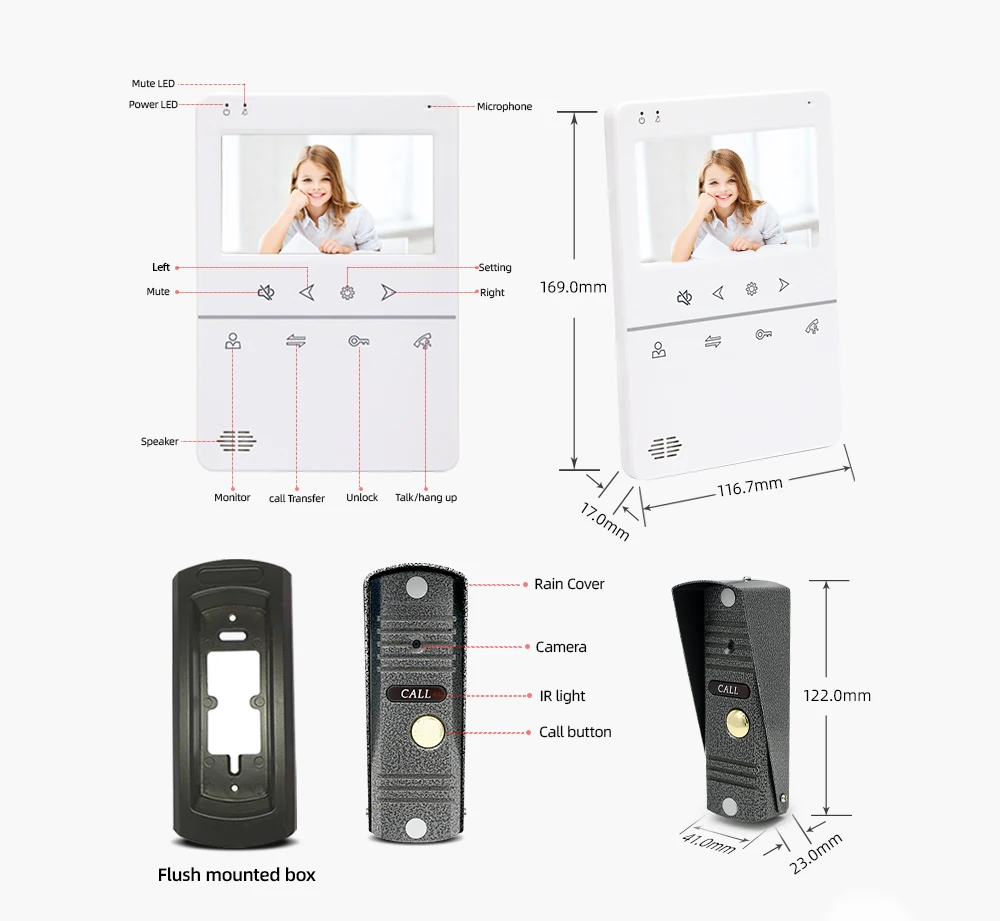 New 4.3 Inch Video Intercom for Home Security Camera Door Phone IR Night Vision Camera Doorbell Kit for Apartment One-Key Unlock