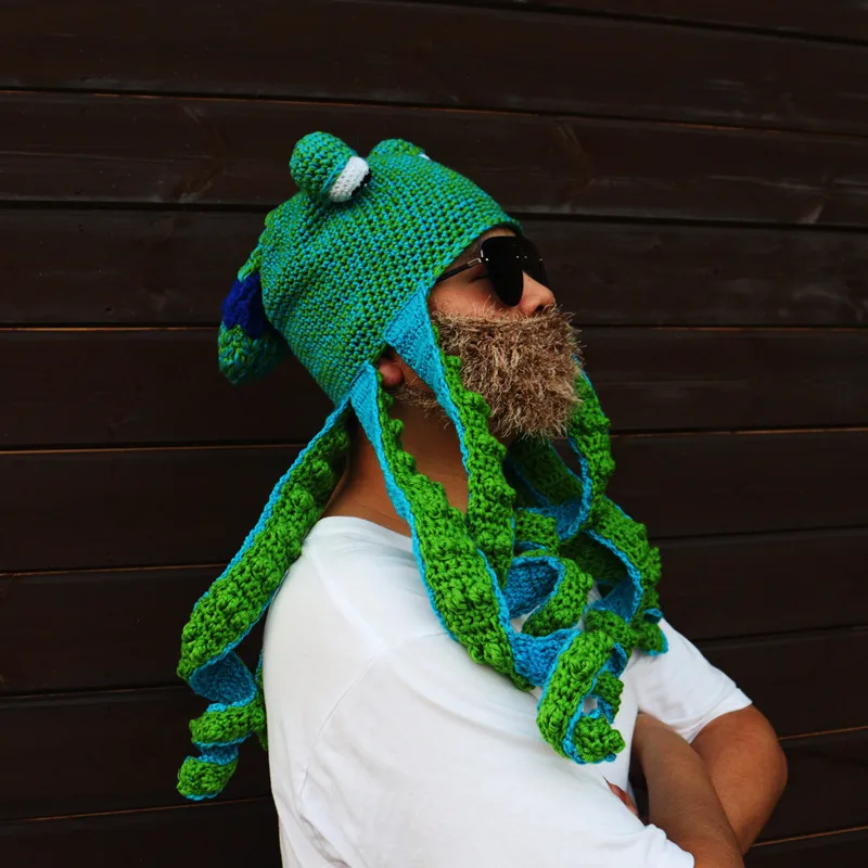 New Octopus Beard Knit Wool Hat Hand Weave Men Christmas Cosplay Party Funny Tricky Headgear Winter Warm Couples Beanie Caps