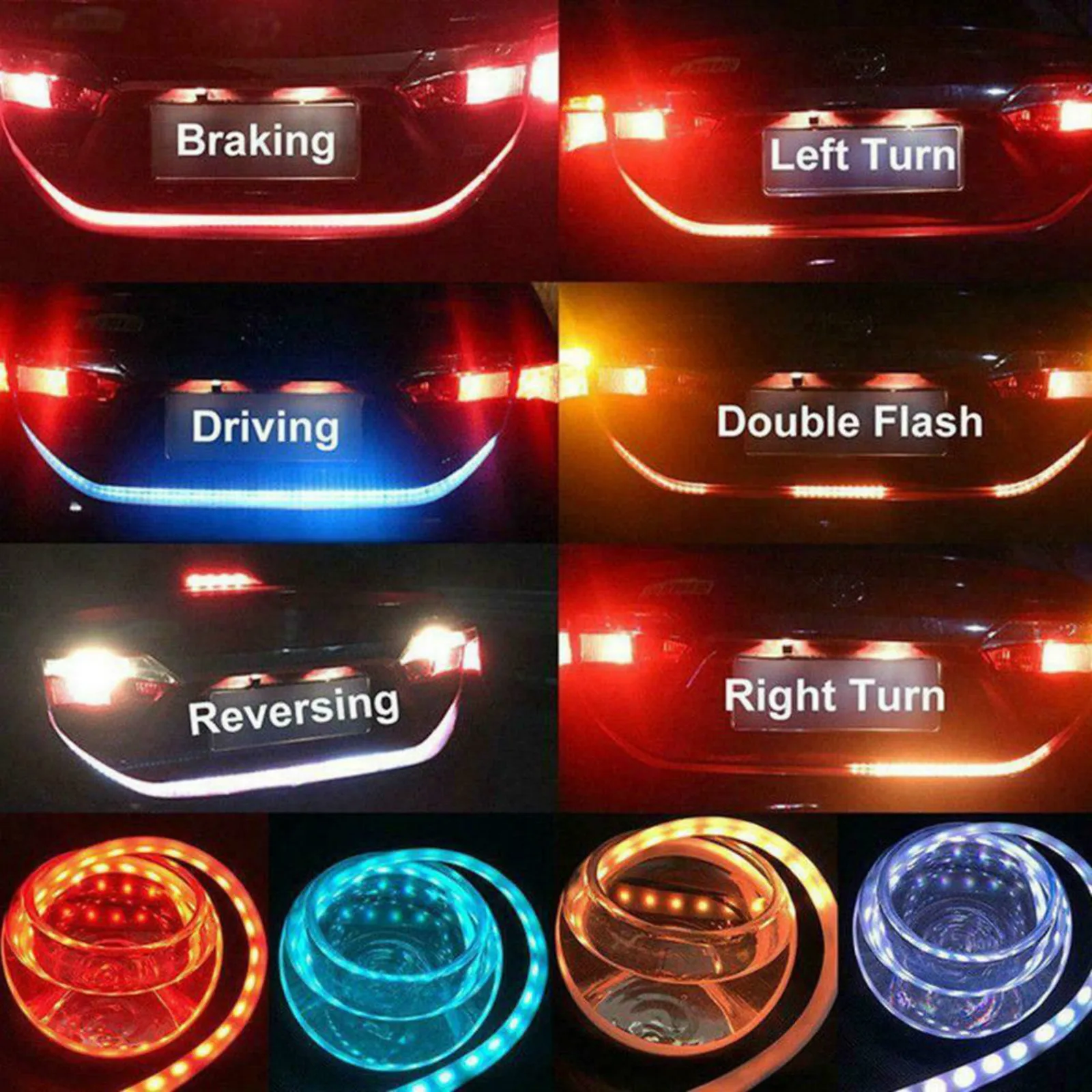 1.2M 12V Car Rear Trunk Tail Light Dynamic Streamer Reverse Warning LED Strip Auto Additional Brake Turn Signal Lamp