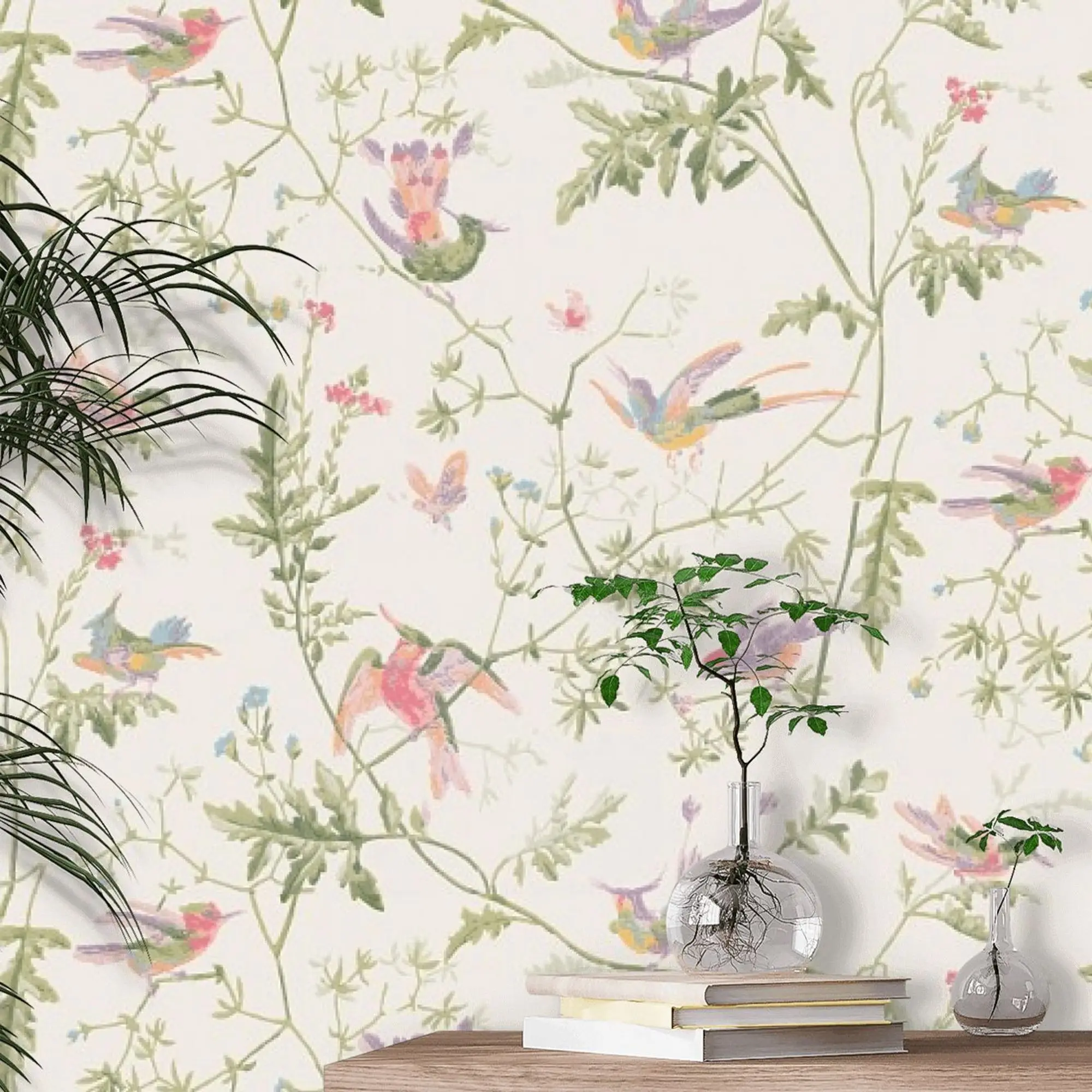 

Humming Birds nordic wallpaper composed of exotic birds with multicoloured feathers, Scandinavian style Wallpaper