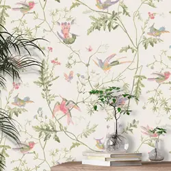 Humming Birds nordic wallpaper composed of exotic birds with multicoloured feathers, Scandinavian style Wallpaper