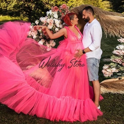 2021 Beach See Thru Ruffled Long Tulle Maternity Dresses Photography Deep V-Neck Long Women Dresses A-line Party Gowns Plus Size