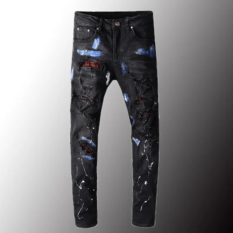 New Luxury Mens Crystal Blue Painted Black Jeans Fashion Slim Skinny Rhinestone Holes Ripped Patchwork Stretch Denim Pants 40