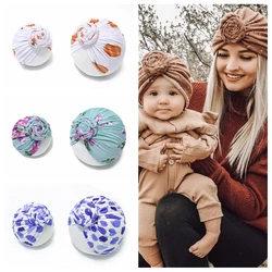 Mom and Baby Fashion Leopard Print Handmade Knotted Indian Hats Set Cute Cartoon Pumpkin Pattern Infant Cap Sweet Hair Accessory