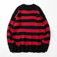 Suéteres de rayas negras, suéter rasgado destruido, jersey para hombre, jerséis de punto con agujeros, sudadera de gran tamaño, Tops de manga larga Harajuku