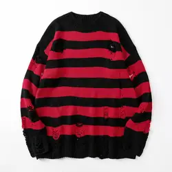 Preto Listra Camisolas Destruído Rasgado Buraco Knit Jumpers Homens Oversized Dos Homens Pulôver Camisola Harajuku Tops de Manga Longa