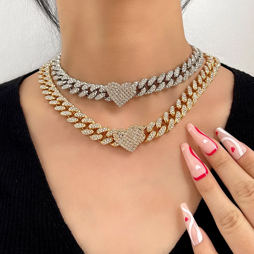 Flatfoosie 13mm Hip Hop Miami Curb Cuban Chain Necklace For Women Iced Out Rhinestone Link Heart Choker Necklace Rapper Jewelry