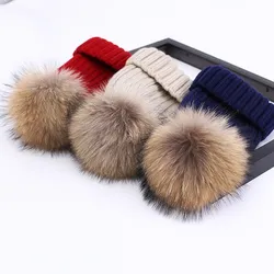 New Raccoon Fur Ball Cap Pom Poms Winter Hat for Women Knitted Hat Girl Knitted Beanies Cap Thick Warm Female Girls Pompom Cap