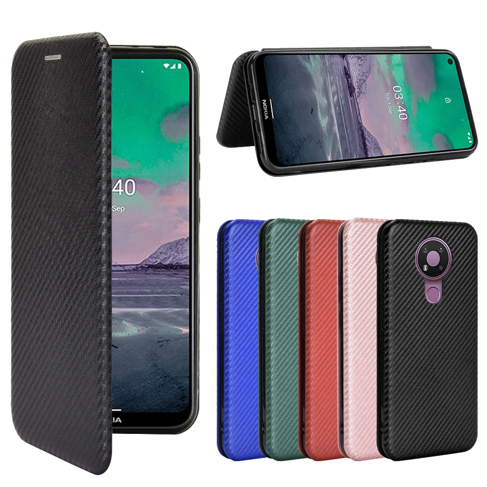 For Nokia 3.4 Case Carbon Fiber Flip Leather Case For Nokia 3.4 Nokia3.4 Business Magnetic Wallet Card Slot Slim Cover 6.39