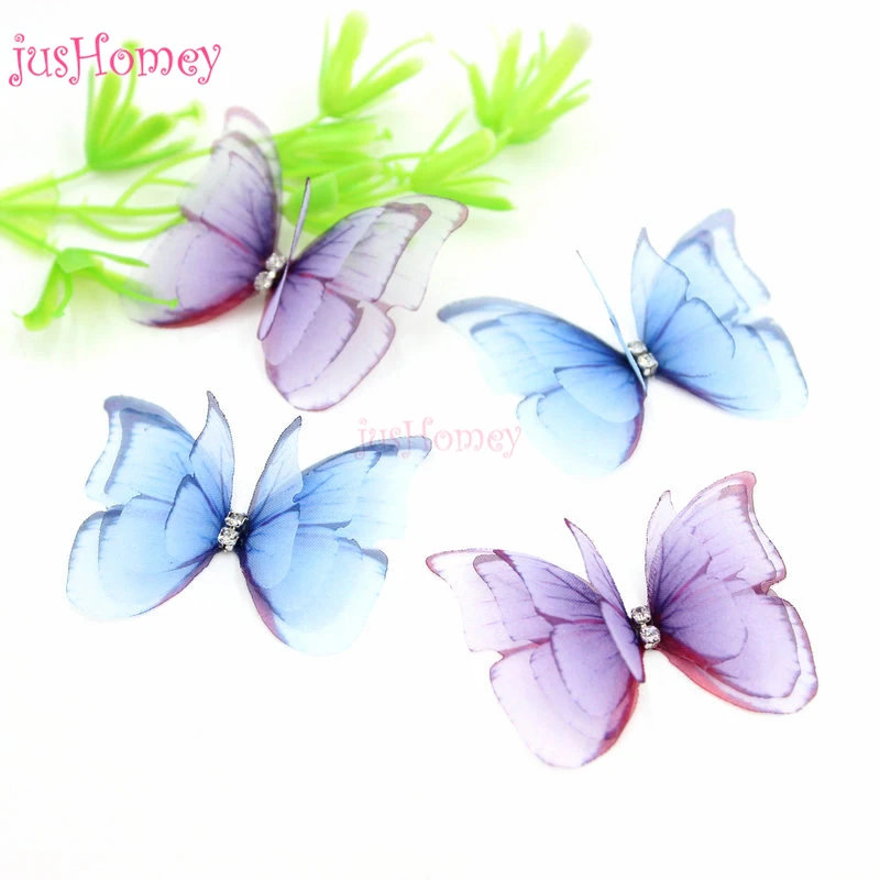 50PCS Handmade Organza Butterflies w/ Rhinestone 4-layer Printed Butterfly Accessory for DIY Wedding Bridal Hair Jewelry