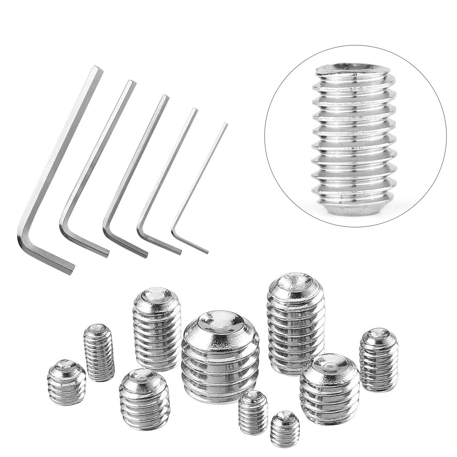 400 Pcs Grub Screws Set M3\4\5\6\8 Stainless Steel Hex Grub Screw Cone Point Set Screw Allen key Screw with Key Wrench in PP Box