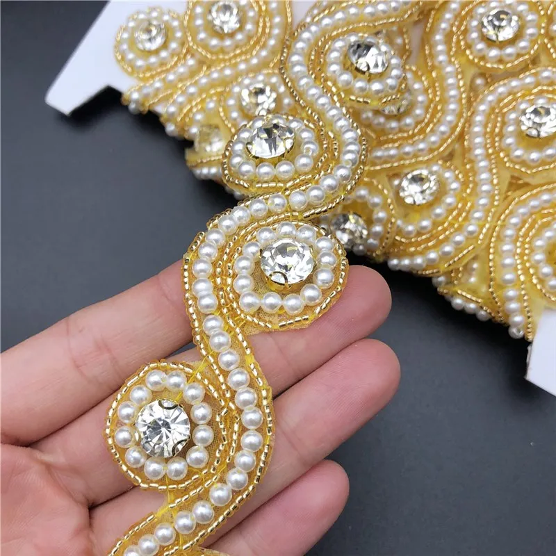 4.5meters DIY  Pearl  Rhinestone Trim Crystal Chain Beaded Applique Sew/Iron on hox fix Bridal Dress