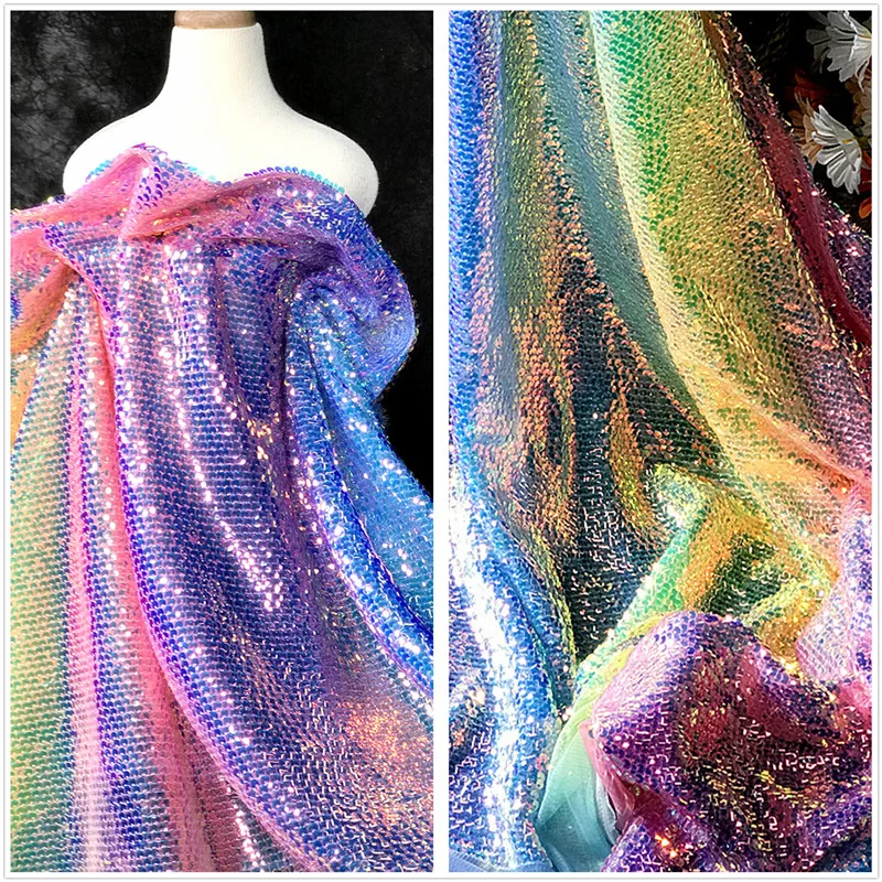 Dazzling Colorful Sequined Lace Rainbow French Tulle Lace Fabric Nigerian Lace Fabrics For Wedding Evening Gown Party dress